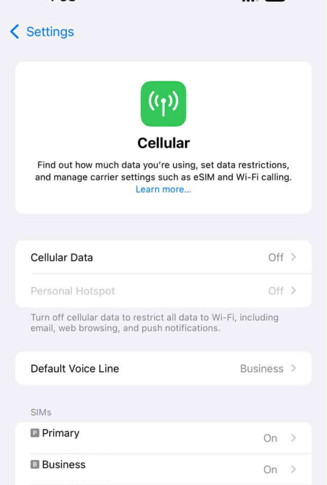 Navigate to Cellular settings